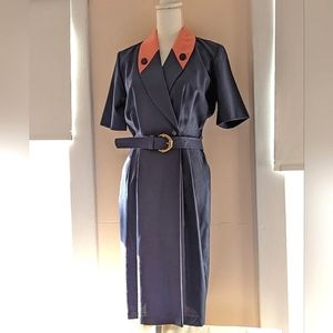 Vintage Dress Dark Blue Coral Pink Collar Lapels Belt Pockets Wrap Suit Size 8